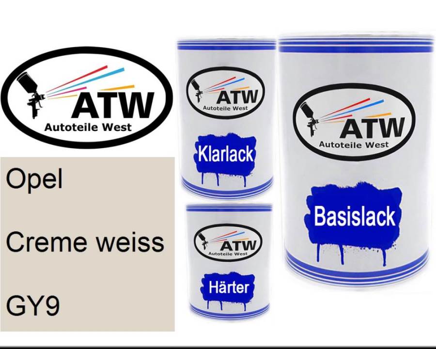 Opel, Creme weiss, GY9: 500ml Lackdose + 500ml Klarlack + 250ml Härter - Set, von ATW Autoteile West.